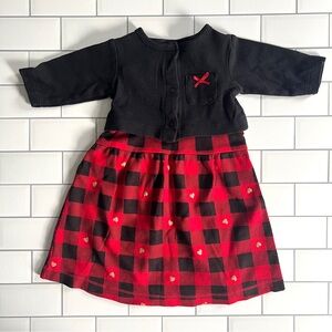 0-3M❤️ Baby Girl Gold Heart Red Black Buffalo Plaid Dress & Cardigan 2 Piece Set